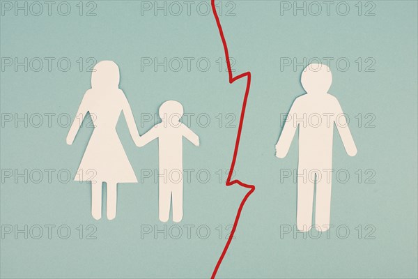 Divorced parents, child with mother, father alone, single mum, custody fight, paper cut out, blue