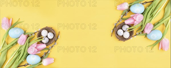 Nest with small eggs and pink tulips on a yellow colored background, easter holiday greeting card,