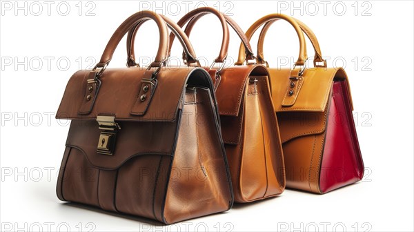 Three handbags in tan, orange, and red-brown colors, isolated on white background, AI generated