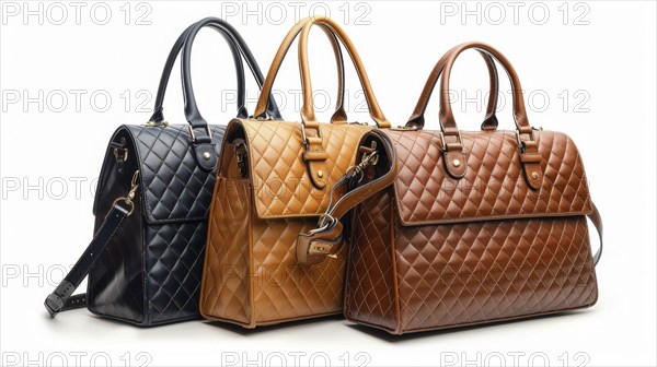 Three fashionable quilted leather handbags in black, tan, and brown, each with handles, isolated on