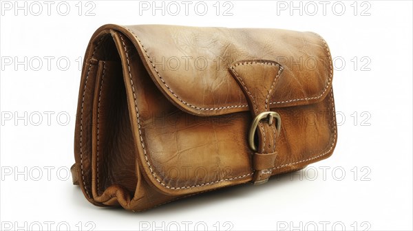 Brown leather satchel with a vintage design and front buckle closure, isolated on white background,