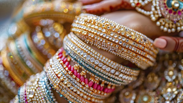 A close-up of sparkling gold bangles with intricate designs and colorful gems, radiating