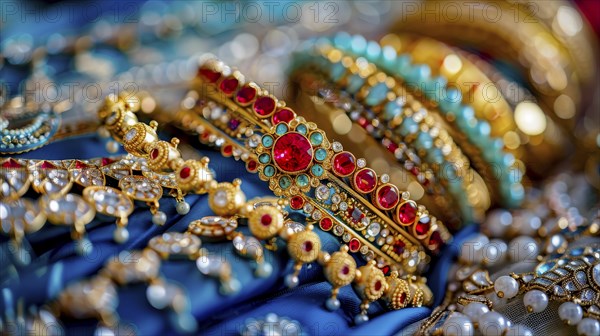 A collection of colorful and intricately designed gold bangles set against a blue background,