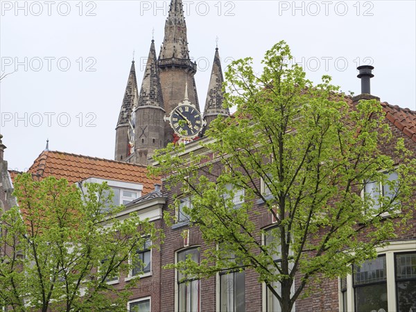 Historic church with a high bell tower, surrounded by trees and residential buildings, Delft,