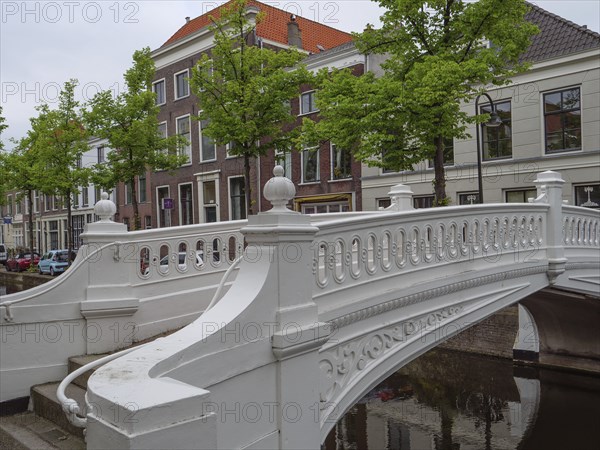 White decorative bridge over a canal, surrounded by houses and green trees, Delft, Holland,
