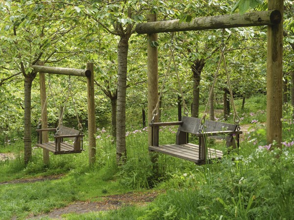 Two wooden garden swings hanging from a frame in the forest under green trees, Thynemouth, England,
