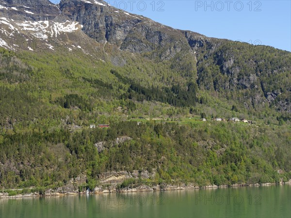 A residential area with scattered houses in the green mountains along a lake, Eidfjörd, Norway,
