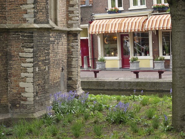 Garden with flowers in front of an old brick building and a street with buildings and shop windows,