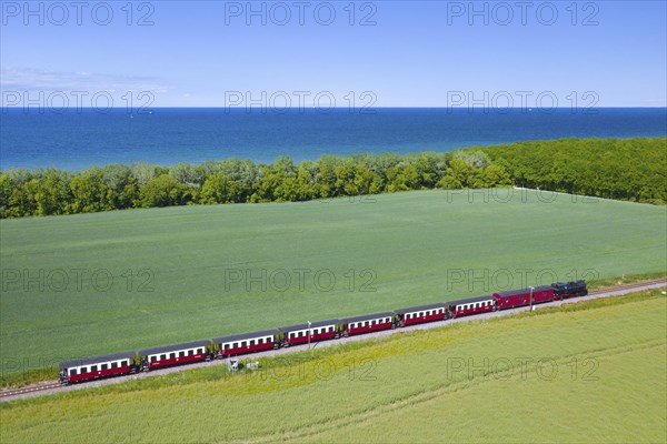 Molli steam locomotive on the narrow-gauge railway running along the Baltic Sea between Bad Doberan