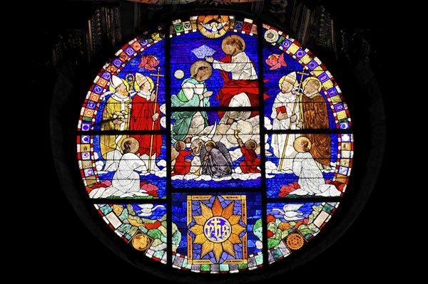 Rose window, stained glass window, Basilica Santa Maria Assunta, Volterra, Tuscany, Italy, Europe,