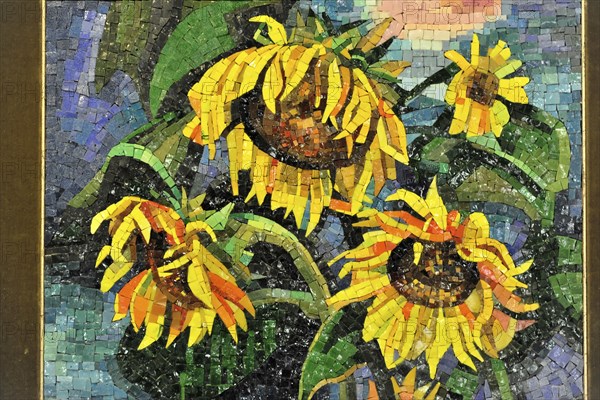 Montepulciano, Tuscany, Italy, Europe, Mosaic artwork with colourful sunflowers, filled with bright