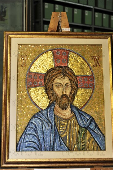 Montepulciano, Tuscany, Italy, Europe, Golden mosaic of Jesus Christ framed in traditional