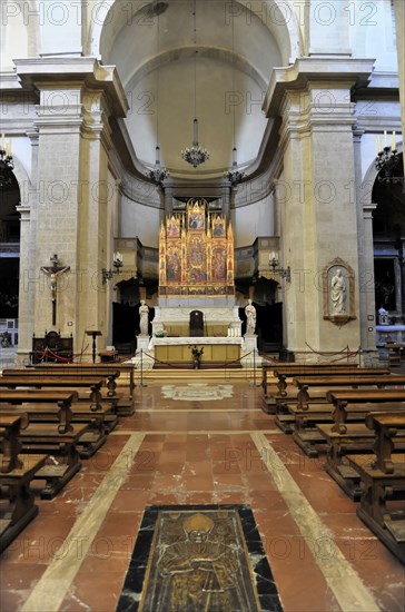 Montepulciano, Tuscany, Italy, Europe, The interior of a church with wooden benches and a