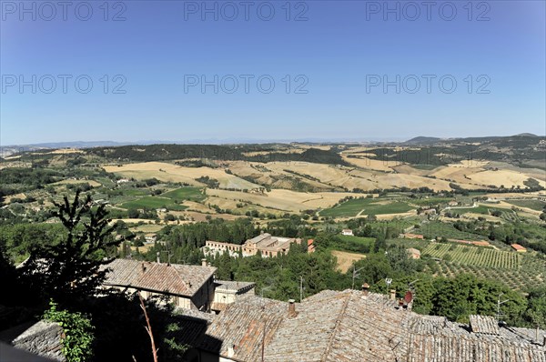 Montepulciano, Tuscany, Italy, Europe, Wide panoramic view over a rural landscape with fields and