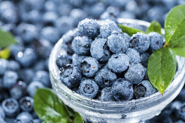 Heap of fresh harvested Blueberries (with water drops)