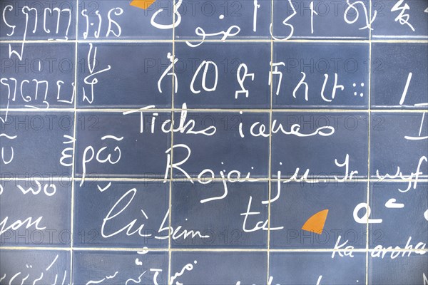 Le mur des je t'aime, also Wall of Love, I-love-you wall, Montmartre, Paris, ÃŽle-de-France,
