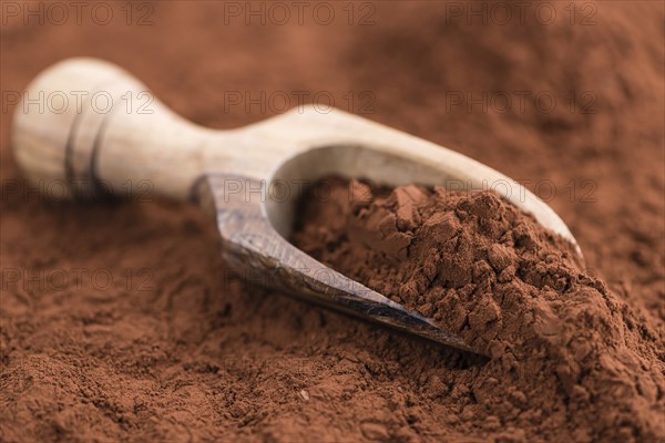 Cocoa powder (selective focus) as detailed close-up shot on wooden background