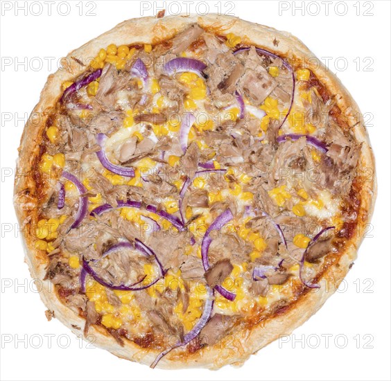 Fresh made Tuna Pizza with corn and red onions isolated on white backgroun
