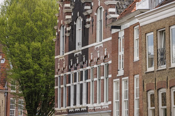 A group of historic brick buildings with detailed facades and trees in the background, Dordrecht,