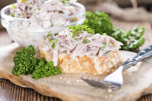 Piece of bread with Meat Salad (detailed close-up shot)