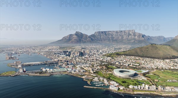 Cape Town, South Africa (aerial view from a helicopter) with the stadium in the focus