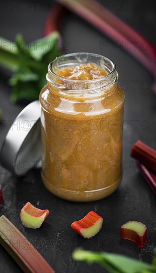 Portion of homemade Rhubarb Jam as close up shot (selective focus)