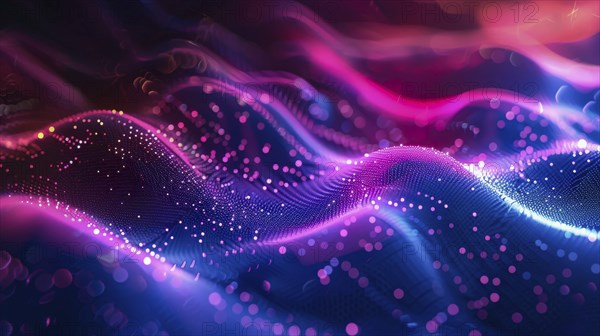 Abstract neon light waves in pink, blue, and purple with sparkles, producing a vibrant and