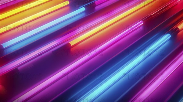 Close-up of neon lights in pink, blue, and orange lines, creating a vibrant and futuristic glowing