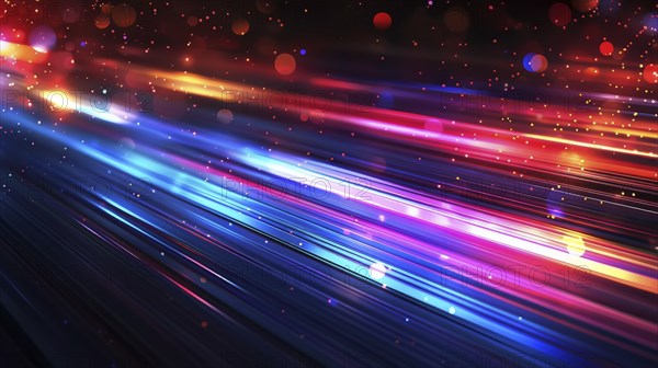 Streaks of neon lights in red, blue, purple, and orange creating a vibrant and futuristic