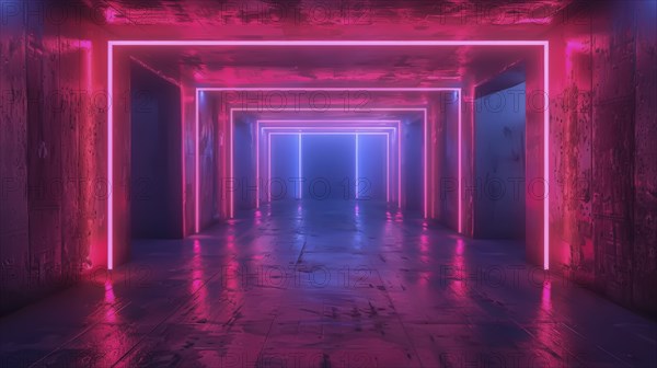 A rectangular room with neon lights in pink and blue, creating reflections on the floor and walls,