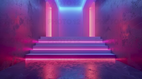 Neon-lit stairs with pink and blue hues, reflecting a modern and futuristic design with a glowing