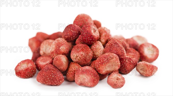 Fresh made Strawberries (dried) isolated on white background, close-up shot