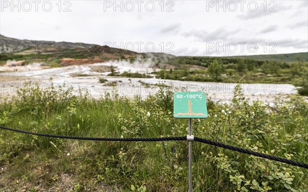 High temperature warning sign in Haukadalur geothermal, Iceland, Europe
