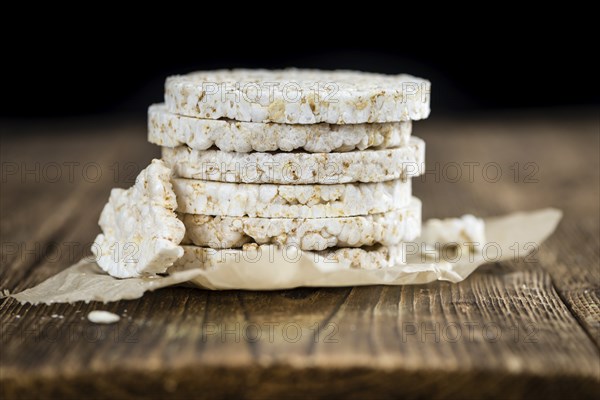 Portion of Rice Cakes (close-up shot) on wooden background