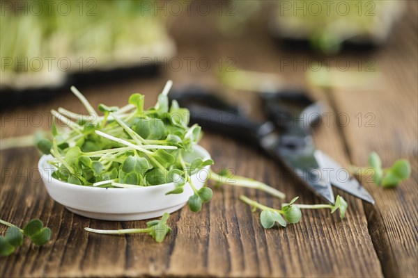 Cress on an old wooden table as detailed close-up shot (selective focus)