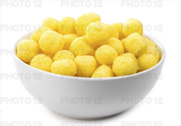 Cheese Balls isolated on white background (selective focus, close-up shot)