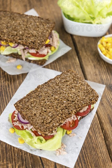 Tuna sandwich with wholemeal bread (selective focus, close-up shot)