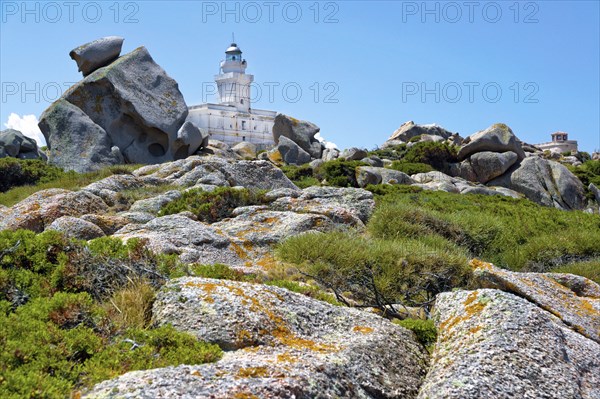 Europe Italy Island of Sardinia Capo Testa lighthouse with rocks