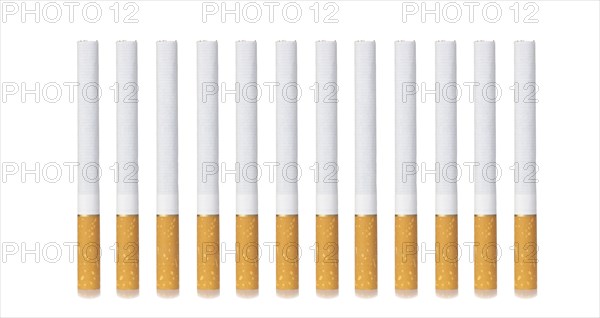 Row, group of filter cigarettes isolated on white background