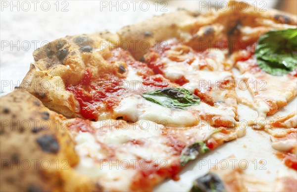 Close up of slices of pizza margherita with basil