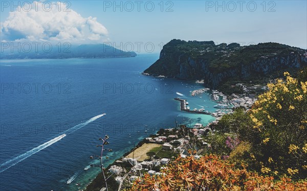 View of beautiful Marina Grande habour from above, Capri island, Italy, Europe