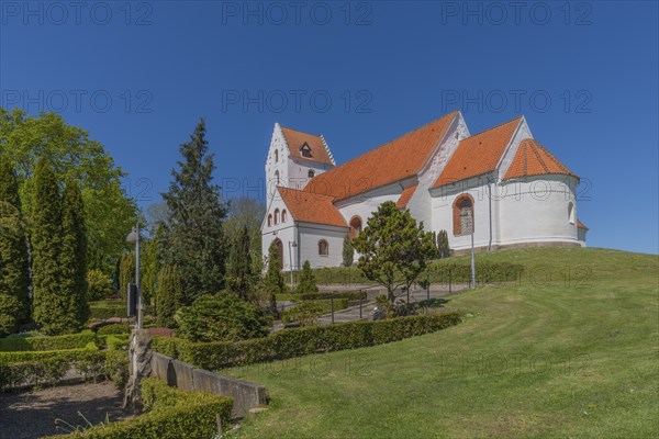 Lindelse Kirke, typical Danish church from 1830, whitewashed, red tiled roof, hill, apse, graves,