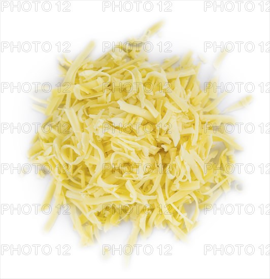 Grated Cheese isolated on white background (close-up shot, selective focus)