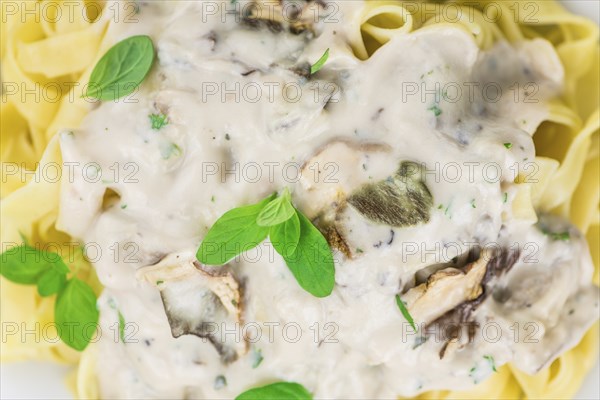 Porcini pasta as high detailed close-up shot on a vintage wooden table, selective focus