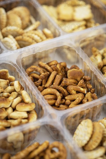 Portion of mixed Snacks (detailed close up shot, selective focus)