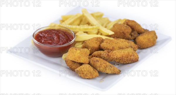 Portion of Chicken Nuggets isolated on white background (close-up shot)