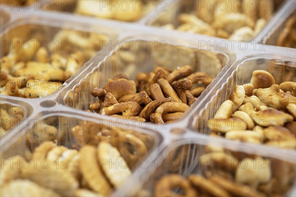 Portion of mixed Snacks (detailed close up shot, selective focus)