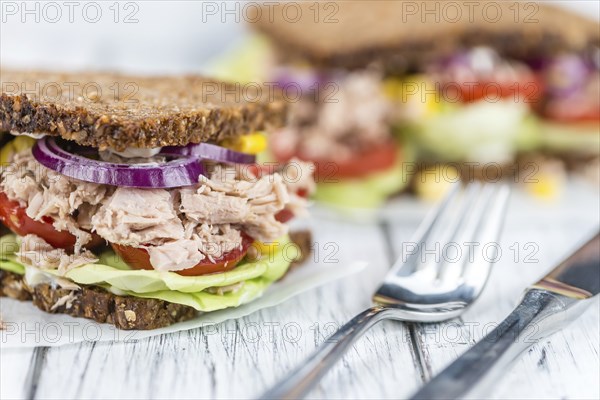 Fresh made Tuna sandwich with wholemeal bread (selective focus, close-up shot)