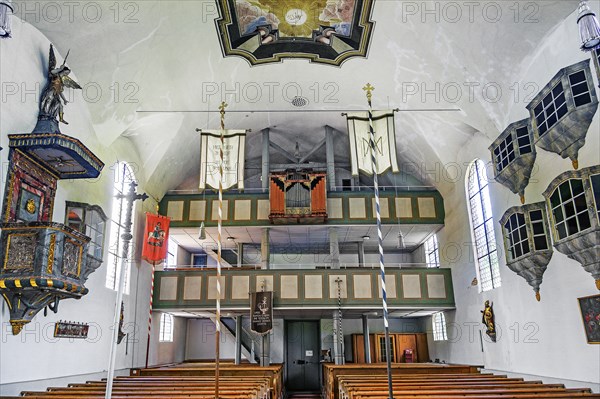 Organ loft, Church of St Martin from 1746 in Eisenbach, Kreuzthal, Markt Buchenberg, Allgäu,