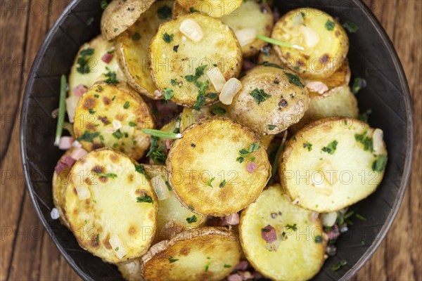 Portion of fresh made Fried Potatoes (selective focus, close-up)